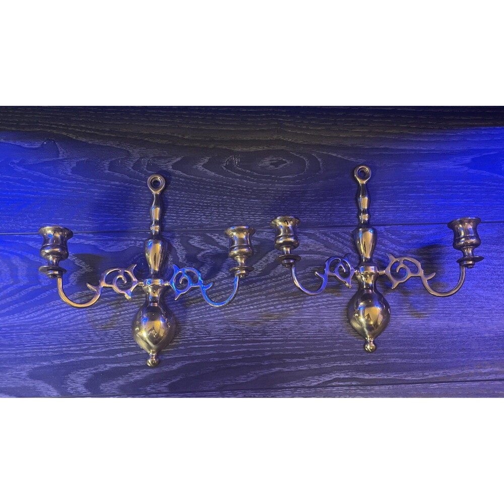 Vtg English REGENCY Pair Solid Brass Candle Holder/Sconces Wall Mount (2)